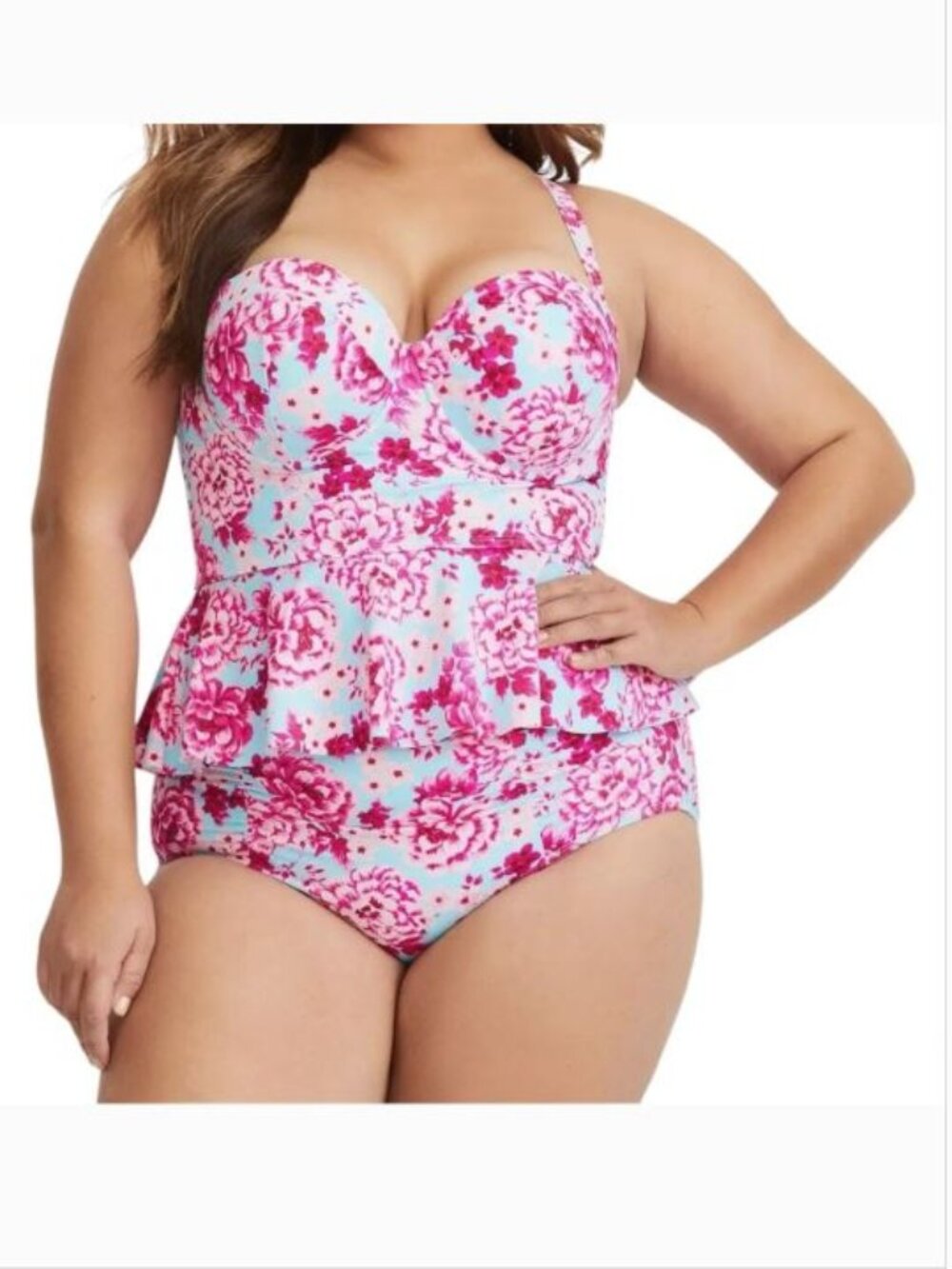 Torrid Swim Women's Underwire Blue Pink Floral Print Tankini Top 6x